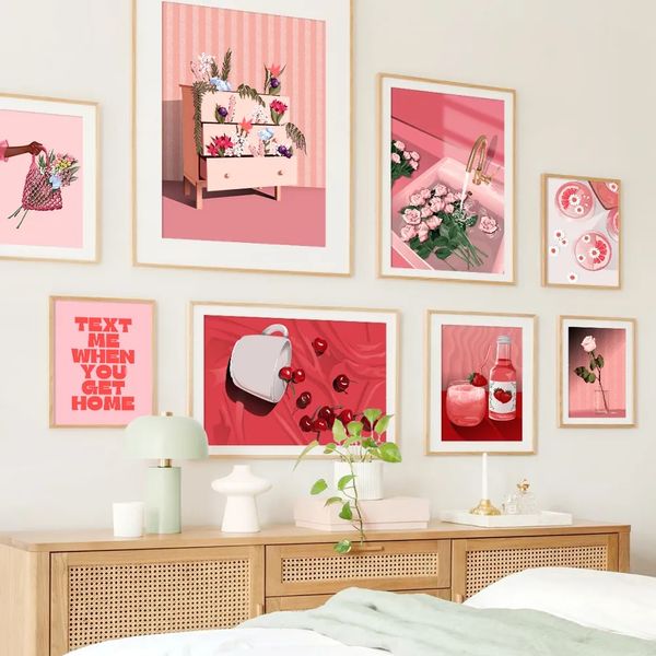 Pintura en lienzo, rosa, flor, margarita, cereza roja, jugo de fresa, patines, carteles, impresiones, imágenes artísticas de pared, sala de estar, dormitorio de niña, decoración del hogar, sin marco Wo6