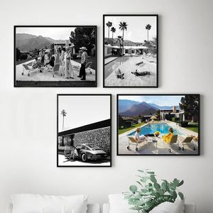 Pintura de lona Party Party Springs Palm Springs Black White Fotography Impresiones de arte vintage Fotos de pared de medio siglo Decoración del hogar WO6