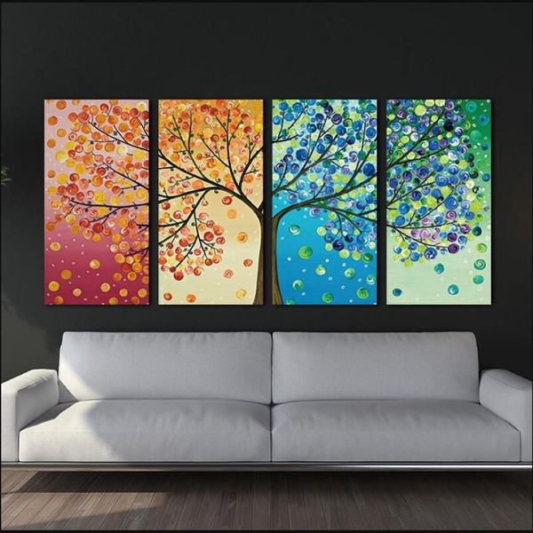 Affiche de peinture sur toile avec arbres à feuilles colorées, 4 pièces, peinture murale, images modulaires pour décoration de maison, tableau d'art mural, painting246O