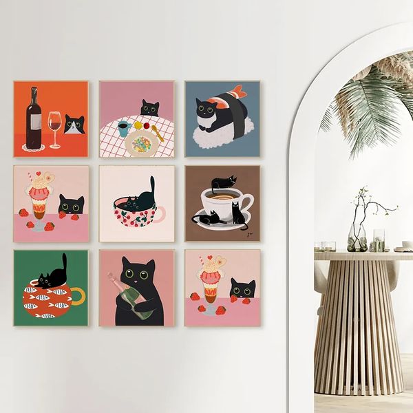 Pintura en lienzo retro lindo gato en taza de café impresión postre vintage divertido gato cartel champán vino arte de la pared imágenes comedor cocina dormitorio decoración sin marco Wo6