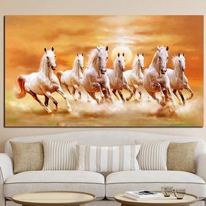 Pintura en lienzo de siete caballos blancos corriendo, animales, arte artístico, carteles dorados e impresiones, arte de pared moderno, imagen para sala de estar