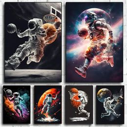 Canvas schilderruimte astronaut speel basketbal vuurbal kleurrijke sportposters en prints muur kunst voor sportkamer jongens slaapkamer home decor wo6