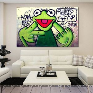 Peinture sur toile Street Graffiti Art grenouille Kermit doigt affiche impression peinture à l'huile animale photos murales pour salon sans cadre286j