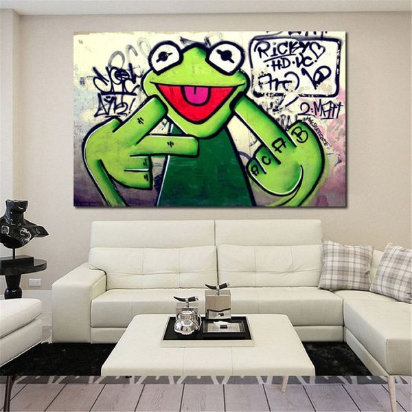 Pintura en lienzo Street Graffiti Art Frog Kermit Finger Poster Print Animal pintura al óleo cuadros de pared para sala de estar Unframed242R