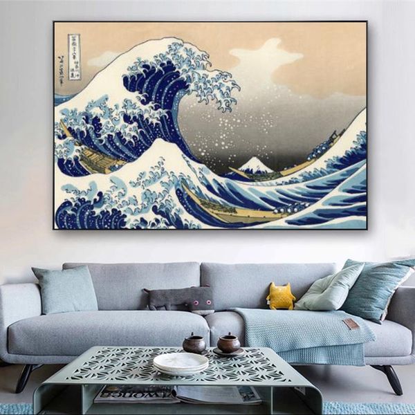 Peinture sur toile La Grande Vague au large de Kanagawa par Katsushika Hokusai Peintures célèbres imprimées sur toile Affiches d'art Jeu d'anime japonais Images Cuadros Sans cadre