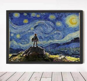 Pintura en lienzo, póster de la leyenda de Zelda, imágenes de la noche estrellada de Van Gogh, juego de anime japonés, arte de pared, decoración para sala de estar, decoración del hogar1633087