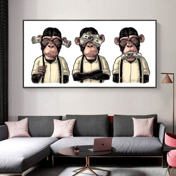 Peinture sur toile avec trois singes, gorille avec argent, affiches et imprimés d'animaux, images abstraites, Art mural pour salon, Mode215u