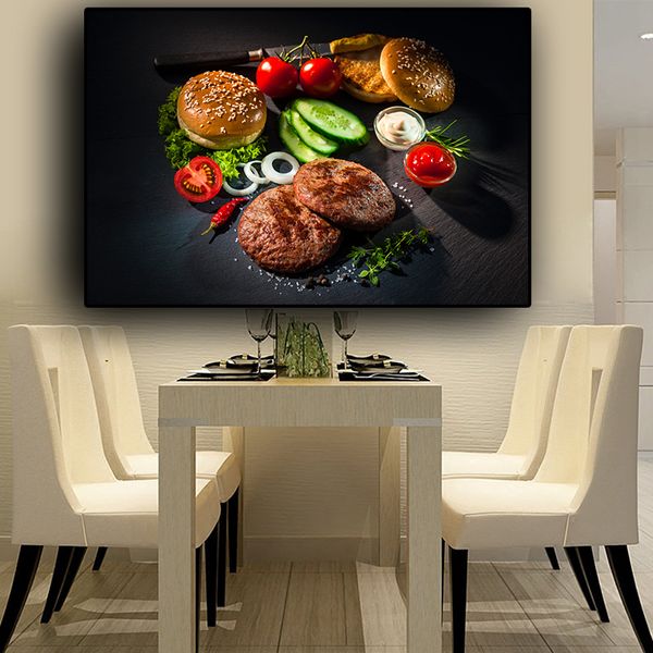Toile peinture légumes viande couteau et fourchette cuisine Cuadros affiches et imprimés mur Art nourriture photo salon