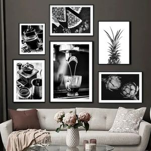 Canvas schilderen vintage zwart -wit koffiezetapparaat poster en print muur art ananas foto voor woonkamer bar slaapkamer decor geen frame wo6