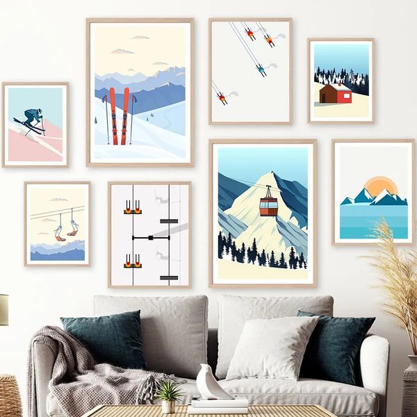 Peinture sur toile Vintage Snowboard Art mural minimaliste Ski neige montagne affiches et impressions photos murales pour salon chambre décor Wo6