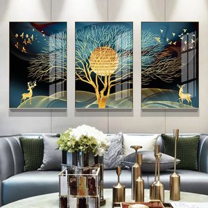 Peinture sur toile aquarelle doré abstrait cerf arbre oiseau mur Art toile peintures nordique affiches et impressions photos décoratives pour salon décor à la maison