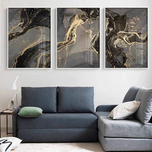 Peinture sur toile aquarelle dorée noire ligne abstraite affiche en toile marbre luxe impression moderne décoration d'intérieur peintures murales pour salon