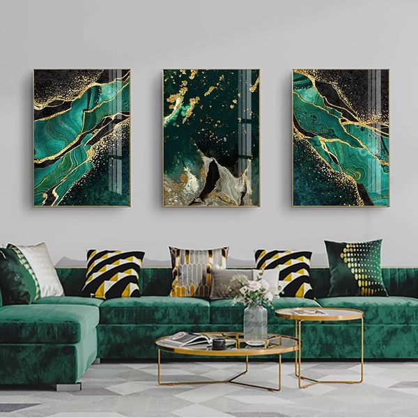 Peinture sur toile Aquarelle Golden Green Agate Light Luxury Canvas Poster Abstract Line Print Wall Art Peintures Image Moderne pour Salon Décoration