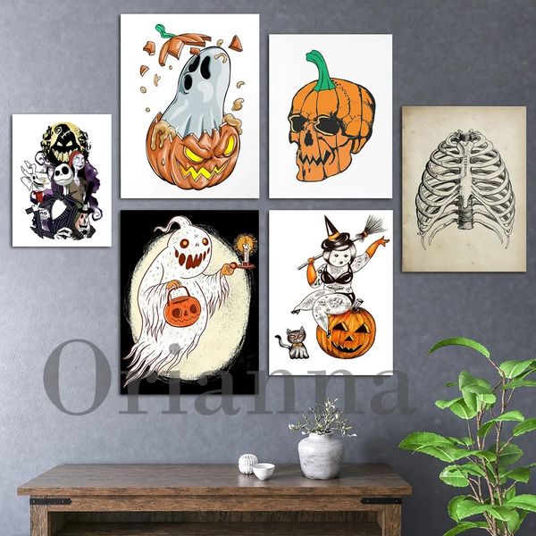 Toile peinture sorcière Halloween noir Orange citrouille squelette effrayant affiches impression mur Art moderne salon fête décor cadeau sans cadre Wo6