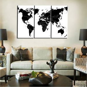 Peintures sur toile à 3 panneaux avec impression numérique, carte du monde abstraite en noir et blanc, tableau d'art mural à l'huile moderne, décor de canapé pour la maison