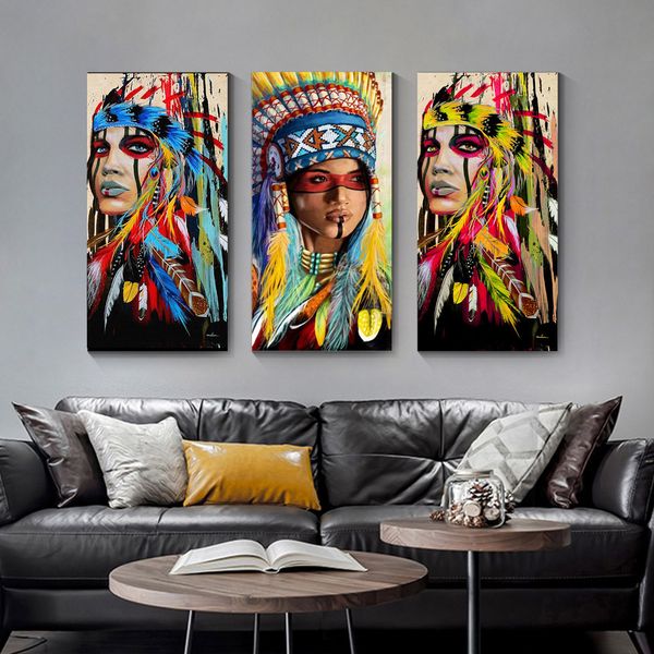 Pinturas en lienzo de plumas coloridas para mujer india en la pared, pósteres e impresiones artísticos, retrato de mujer, cuadros de pared, decoración del hogar