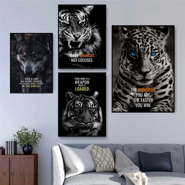 Pinturas en lienzo inspiración animales motivación cita Tigre perro carteles impresiones Cuadros de pared para pared de salón decoración del hogar Cuadros