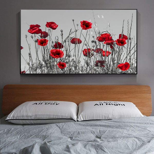 Pinturas en lienzo, carteles de flores modernas e impresiones, imágenes de amapolas rojas para decoración de sala de estar, sin marco