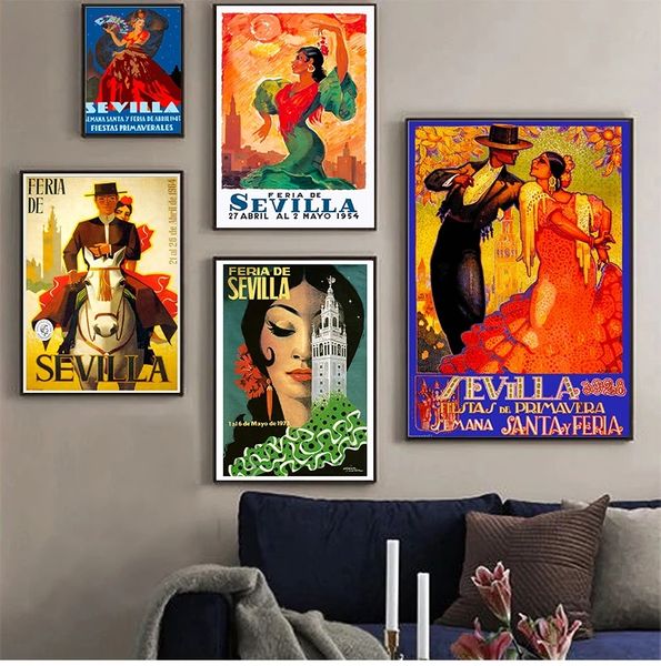 Pinturas en lienzo, cuadros Vintage, carteles Kraft, pegatinas de pared recubiertas, decoración del hogar, regalo, España, Sevilla, flor, niña, viaje, Woo