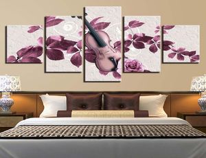 Pictures de toile pour le cadre du salon 5 pièces Pink Purple Flowers and Violin Paintings Decor Home HD Prints Affiche mur art7990336