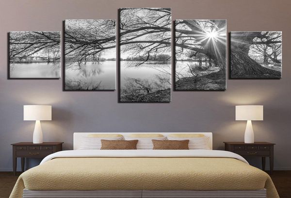 Pictures de toile pour le salon Mur Art Framework 5 pièces Lakeside Big Trees peintures noir blanc paysage décor 8298009