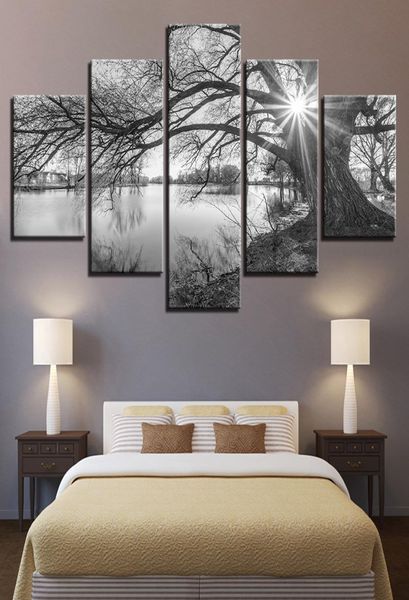 Pictures de toile pour le salon Mur Art Framework 5 pièces Lakeside Big Trees peintures noir blanc paysage décor 3165733