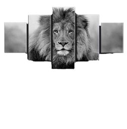 Chône Images Modular Wall Art 5 Pieces Animal Lion Painting Living Room HD Impressions Black and White Poster Home Decorno Frame2121371