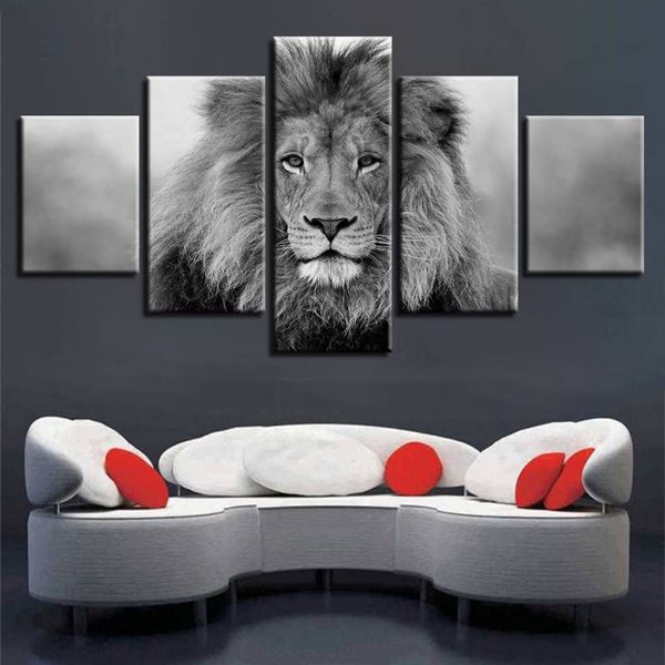 Toile Photos Modulaire Mur Art 5 Pièces Animal Lion Peinture Salon HD Impressions Noir Et Blanc Affiche Décor À La Maison No Frame283q