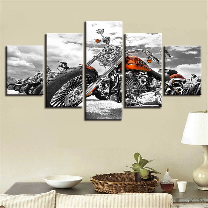 캔버스 사진 포스터 모듈 식 인쇄 벽 예술 5 조각 오토바이 흑백 그림 장식 거실 또는 침실 프레임 288w
