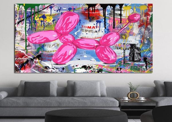 Canvas Pink ballon chien graffiti peinture mural images de dessins animés et affiches modernes décoratives pour le salon6344037