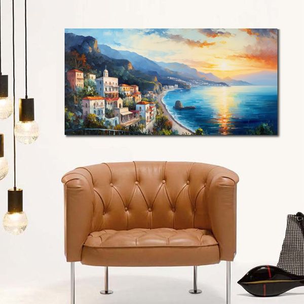 Póster en lienzo de la costa de Amalfi junto al mar con impresiones de imágenes de paisaje marino de la antigua ciudad italiana para decoración para las paredes del salón