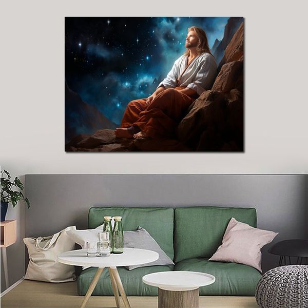 Affiche en toile de jésus regardant dans le ciel sans fin, peinture imprimée en Hd pour décoration murale de salon