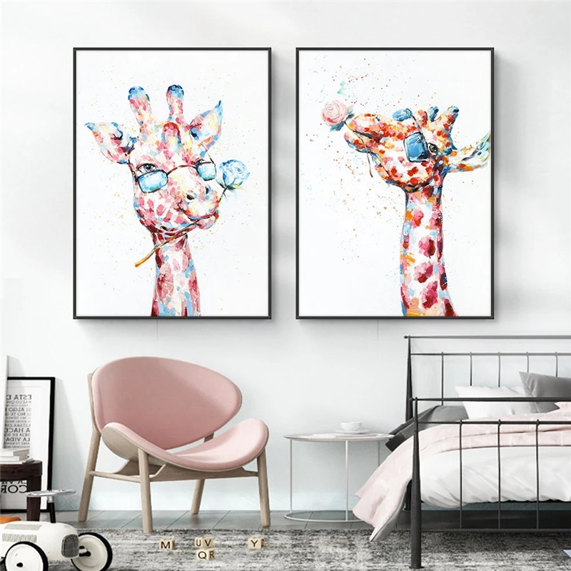 Leinwand Poster Malerei Bunte Giraffe Malerei Leinwand Tier Spray Malerei Wandkunst Bild für Kinder Wohnzimmer Wohnkultur