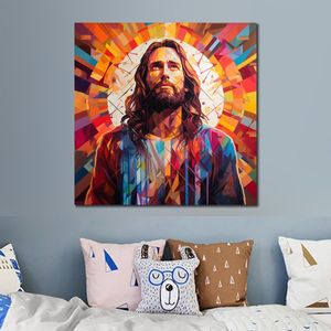 Canvas Poster Foto Foto Print Jezus Christus Gebrandschilderd Glas Stijl Ingelijst Schilderij voor Eetkamer Muur Decor