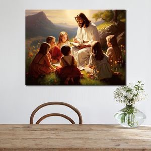 Canvas poster foto foto print Jezus onderwijs kinderen ingelijst schilderij voor woonkamer muur decor