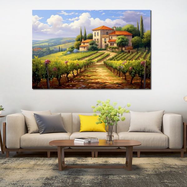 Affiche en toile avec vigne, maison, raisin, arbres, Style Pastoral, peinture artistique, image imprimée pour décoration murale de salon