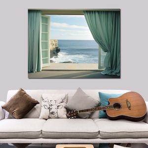 Toile imprimée avec rideaux ouverts sur l'océan, affiche artistique pour décoration murale de chambre d'hôtel