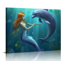 Canvas Imprimed Mur Art 3d Dolphin et sirène sous la mer Fantasy Sci-Fi Ocean Digital Art Modern Art Nautical Scetics coloré ultra pour le salon, chambre à coucher, bureau