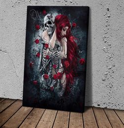 Canvas Imprimed mur art peinture art image gothique aux cheveux roux avec du squelette de crâne pour le salon décor de la maison3789193