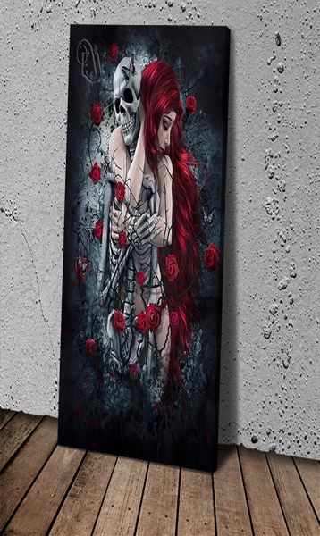 Toile imprimement mur art peinture art image gothique aux cheveux roux avec squelette de crâne pour le salon décor 5834510