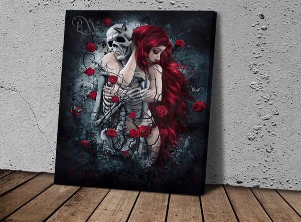 Toile imprimée, peinture artistique murale, tableau gothique, femme aux cheveux rouges avec squelette de crâne, pour salon, décoration de la maison, 1730500