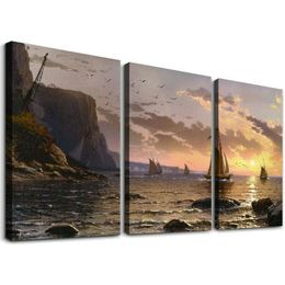 Canvas Imprimed mur art seree Sunset Seascape avec voilier navires d'illustrations maritimes classiques art moderne pastel pour le salon, chambre à coucher, bureau 12''x16''x3