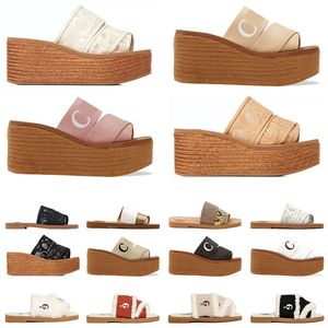 Pantoufles en toile chaussures pour femmes dentelle Lettrage Woody Platforms Pantoufles plates Mode décontractée Sandales confortables cuir été Khaki Green Blue Beach chaussures pour femmes