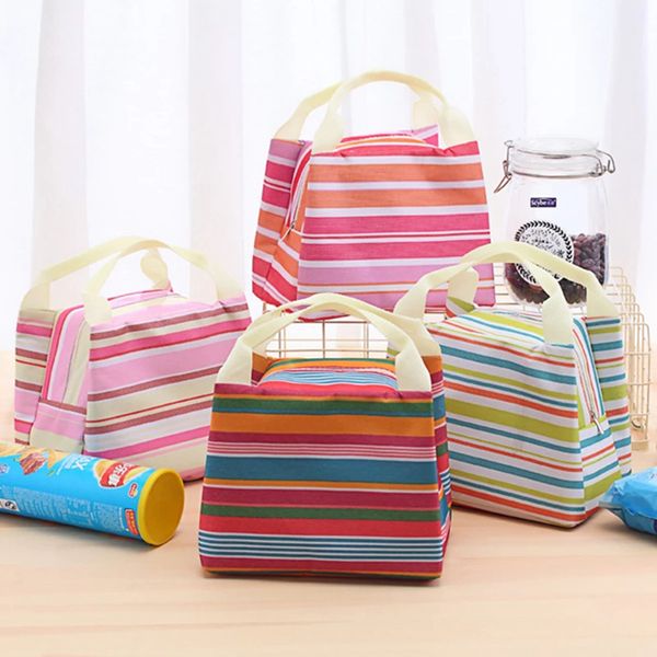 Bolsa de aislamiento de rayas de lona Bolsas de almacenamiento para el almuerzo Aislamiento térmico Bolsas portátiles Viajes Picnic Comida Lonchera para mujeres Niñas Niños WLL467