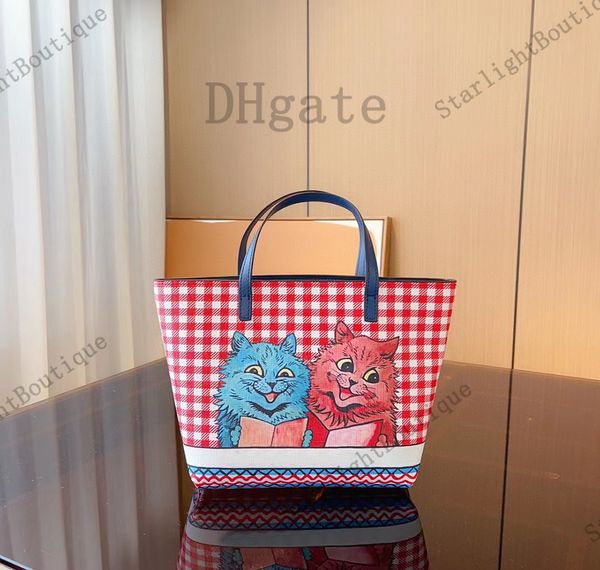 Sac fourre-tout en toile chaton imprimé à carreaux petit sac à provisions portable à la mode et polyvalent idéal pour les trajets parent-enfant