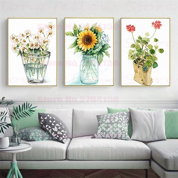 Art mural en toile pour cuisine Mason Jar Décor mural floral Salle de bain Chambre Décor Tournesol Daisy Prints Drop Shipping T200608