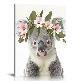 Art mural en toile, koala avec imprimé floral, imprimé animal australien, décoration de chambre, art mural encadré blanc
