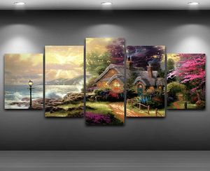 Modulaire foto op canvas, modern frame voor woonkamerdecoratie, 5 panelen, kusthuisje, klassiek olieverfschilderij, HD-print PENGDA1212170