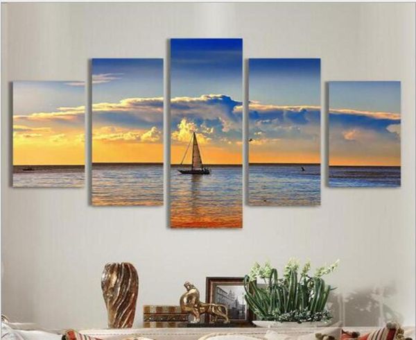 Canvas Wall Art Pictures Frame Kitchen Restaurant Decor 5 pièces Sailboat Sunset Living Room Print Piffères5075134