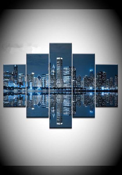 Cuadros artísticos de pared en lienzo para decoración del hogar, 5 piezas, pinturas con vista nocturna de la ciudad de Chicago, impresiones en alta definición, carteles de edificios de la ciudad del río hermoso 2472574